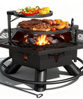 2 In 1 Backyard Fire Pit And Grill For Outdoor Gatherings with meats and veggies on hexagonal grill, black finish