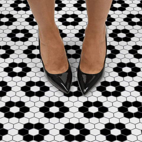 Black And White Geometric Floral Peel And Stick Floor Tiles 12x12 Inch 10 Pack No Grout Needed Water Resistant Vinyl Flooring With Textured Finish