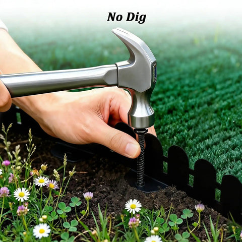 49Ft Arch Garden Edging Border For Flower Beds And Lawns, 5.5 Inch Tall Decorative Landscape Border With 75 Anchoring Spikes, No Fuss Install, Durable PE Material, Black being easily installed using a hammer next to grass and flowers