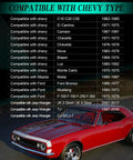 Red Chevy car next to compatibility list for Beefed Up 7 Inch LED Headlights 2 Pack Round Projector Halo With Hi Lo Beam And Amber DRL