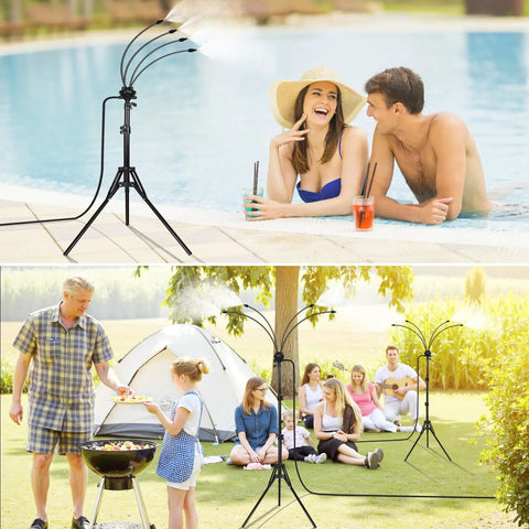 Standing Outdoor Misting System With Adjustable Tripod From Two Point Six Feet To Five Point Three Feet by pool and campsite
