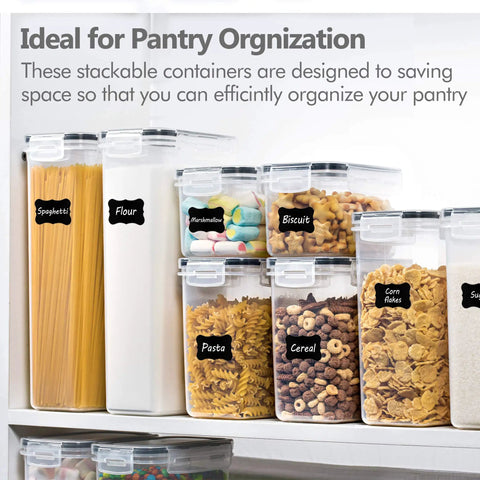 Eight Piece Airtight Food Storage Canisters With Lids For Pantry Organization, labeled for flour, pasta, and cereal.