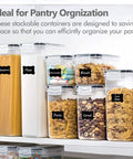 Airtight Food Storage Containers Set, 14 Piece Kitchen Canisters with labeled dry foods like pasta and cereal on a pantry shelf.