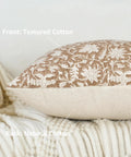 Floral Throw Pillow Covers 18x18 Set Of 2 For Living Room, Farmhouse Block Print Decor Cushions, Neutral Vintage Vibe, 100 Percent Cotton, Soft, Breathable, Easy Care, Cozy Couch Pillows For Sofa. Front textured cotton, back natural cotton