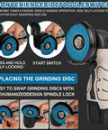 Powerful Cordless Angle Grinder Kit With 13000RPM Speed, Compact design, ergonomic grip, toggle switch, disc swapping steps.