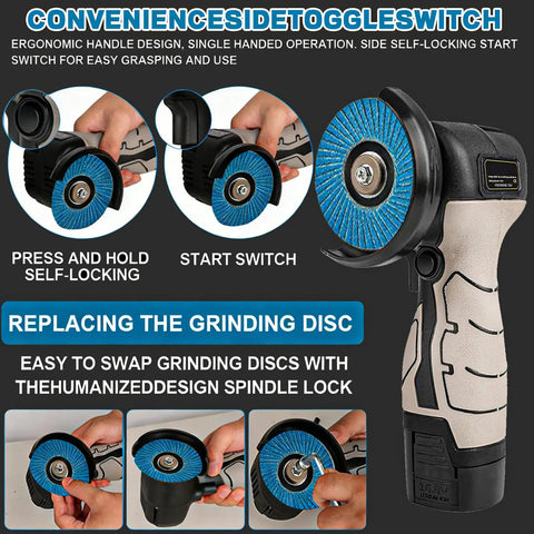 Powerful Cordless Angle Grinder Kit With 13000RPM Speed, Compact design, ergonomic grip, toggle switch, disc swapping steps.