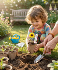 Child planting with 60 Pack 3.15 Inch Biodegradable Seed Pots With Drainage Holes Germination Starter Pots Kit Plus 100 Plant Labels