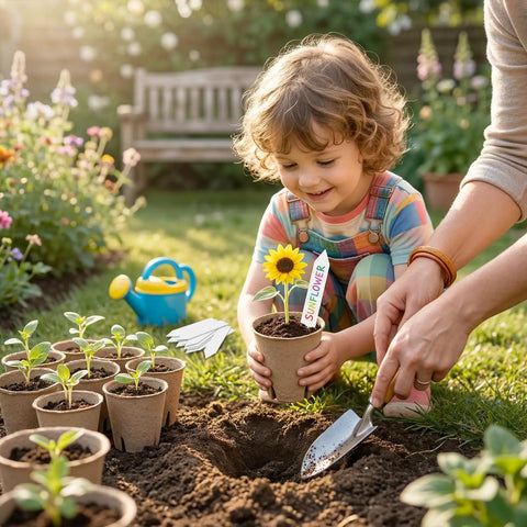 Child planting with 60 Pack 3.15 Inch Biodegradable Seed Pots With Drainage Holes Germination Starter Pots Kit Plus 100 Plant Labels