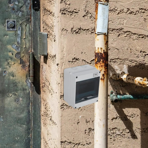 Heavy Duty 6 Way Circuit Breaker Box With DIN Rail IP65 Weatherproof Electrical Enclosure Surface Mount on wall near pipes and door