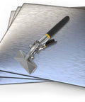 Manual Metal Bender Tool With Straight Jaw Hand Seamer Non Slip Grip for bending and flattening sheet metal, shown on metal sheets