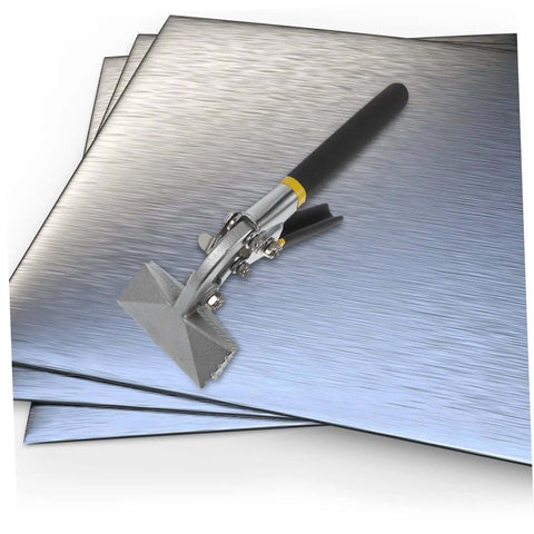 Manual Metal Bender Tool With Straight Jaw Hand Seamer Non Slip Grip for bending and flattening sheet metal, shown on metal sheets