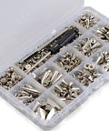 Level Up Your Leather Game With Hella Durable 270 Sets Screwback Spikes And Studs Kit featuring assorted silver bullet cone zinc alloy rivets.