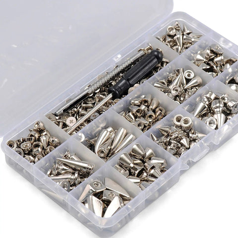 Level Up Your Leather Game With Hella Durable 270 Sets Screwback Spikes And Studs Kit featuring assorted silver bullet cone zinc alloy rivets.