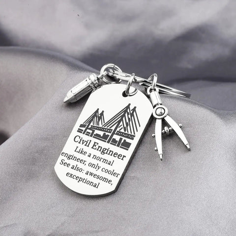 Stainless steel keychain with dog tag pendant inscribed 'Civil Engineer - Like a normal engineer, only cooler' with tool charms.
