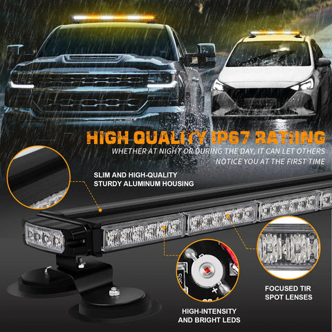 Heavy Duty Twenty Eight Point Four Inch Eighty Led Roof Strobe Light Bar Featuring Slick Amber And White Flashing Visibility For Roadside Safety And Commercial Fleet Rig Operations