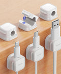 Magnetic Cable Clip Organizer Pack for Car and Wall holding USB, lightning, and USB-C cables, fits most cables up to 0.3 inch.