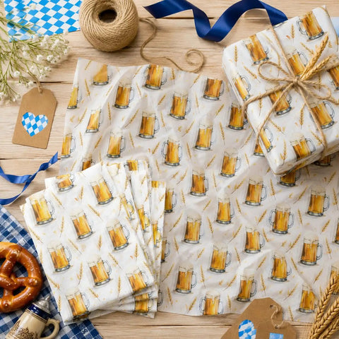 Beer Themed Tissue Paper Pack With 50 Sheets On 20x14 Inches ideal for gift bags, party favors with beer glass, foam, wheat, gold designs.