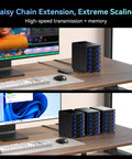 Smooth Operator Six Bay Aluminum Hard Drive Enclosure With Smart Cooling Fan USB 3.2 Gen 2 Type A C on a desk with monitors.