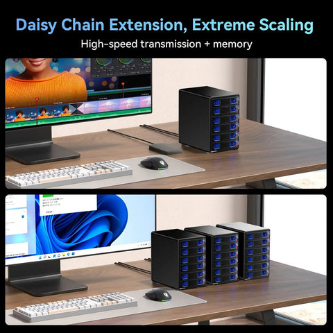 Smooth Operator Six Bay Aluminum Hard Drive Enclosure With Smart Cooling Fan USB 3.2 Gen 2 Type A C on a desk with monitors.