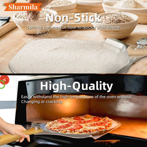 12 Inch Aluminum Pizza Peel With Foldable Wooden Handle, Includes Rocker Cutter And Metal Spatula, Easy Storage For Home Oven