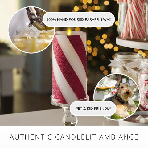 Flameless LED Candy Cane Pillar Candle with Moving Flame, Battery Operated 6.5 Inch Red Glitter Stripe, Unscented Indoor Safe