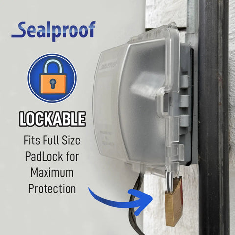 Weatherproof 1 Gang Exterior In Use Outlet Cover And Box Kit With Lockable Extra Duty Metallic Box for outdoor use shown installed.