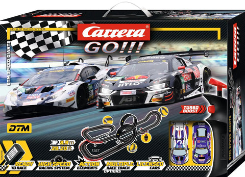 Electric Powered Slot Car Race Set With 29 Feet Of Track Two Loops Flyover And Banked Curves 1 To 43 Scale DTM Giants on box