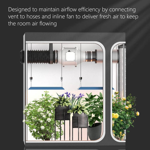 Indoor grow tent setup with inline duct fan, connected hoses, and 8 Inch Dust Collection Fittings Rubber Noise Reduction Clamp.