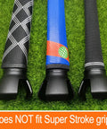3 Prong Golf Ball Retriever with Back Saver Claw on various putter grips, excluding Super Stroke grips, on green field.