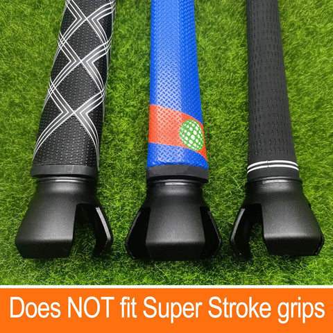 3 Prong Golf Ball Retriever with Back Saver Claw on various putter grips, excluding Super Stroke grips, on green field.