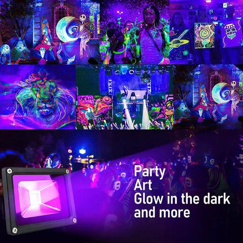 Neon glow party with Two Pack 10W UV Black Light Flood Lamps With Plug Waterproof IP65 High Power Lit Neon Glow For Parties Bars Nightclubs Aquariums Body Paint Face Glow And Fluorescent Materials.