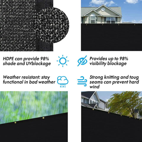 Privacy Screen For Fences Six Foot By Fifty Foot Heavy Duty Black HDPE 220 GSM Fence Panel With Brass Grommets Outdoor
