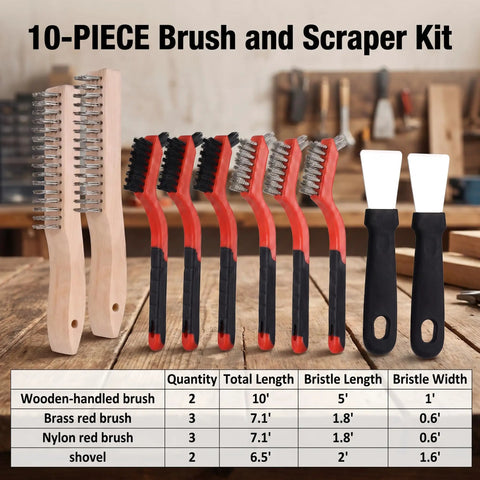 Heavy Duty Wire Brush Set With Stainless Steel And Nylon Bristles Includes Wood Handle Brushes And Metal Scrapers displayed on table