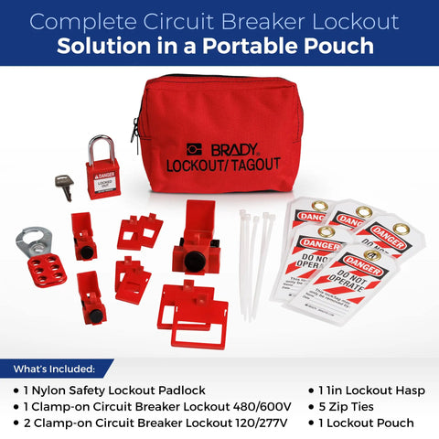 Lockout Tagout Electrical LOTO Kit for Quick Power Down 120/277V to 480/600V Circuit Lockouts Red Padlock Hasps and Tags Portable Station Refill Pack with red pouch