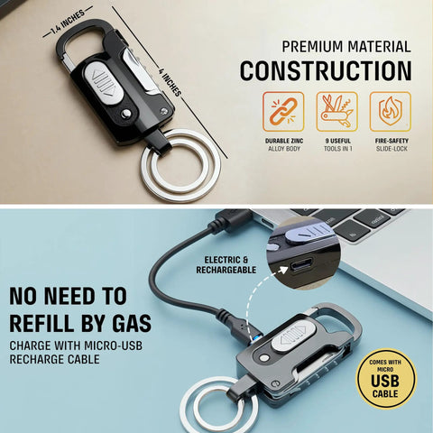 9 In 1 Multitool Keychain With Windproof Plasma Lighter USB Rechargeable Knife Screwdriver Bottle Opener displayed with USB cable