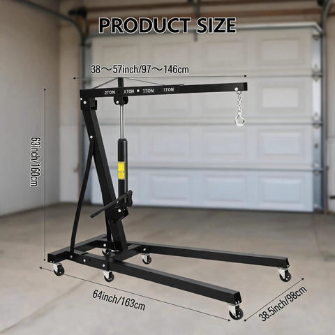 Heavy Duty 2 Ton Hydraulic Engine Hoist Cherry Picker With Manual Pump Lever And Compact Fold Steel Frame Mounted On Six Heavy Casters, product dimensions displayed.