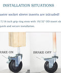 Side view of stem caster wheels with brakes installed, showing brake on and off; includes text about 4 caster socket sleeve inserts.
