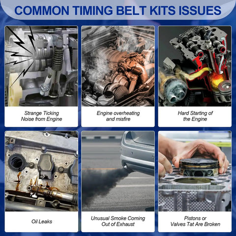 Common issues illustration showing engine problems related to Toyota All-In-One Timing Belt Kit With Water Pump And Gaskets