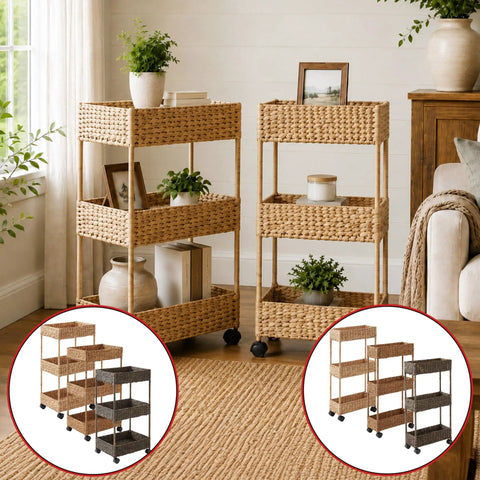 3-Tier Rolling Storage Cart Cinnamon Water Hyacinth Finish For Bathroom, nursery, craft room, and laundry organization.