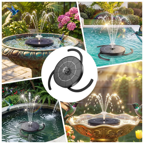 Collage of the Three Point Five Watt Solar Fountain Kit For Bird Bath And Garden Pond Upgraded 2026 Model in various outdoor settings.