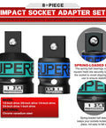 Heavy Duty Eight Piece Impact Socket Adapter Set Made From Premium Chrome Vanadium Steel showing two socket adapters with spring-loaded ball.