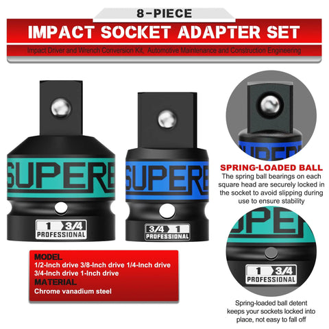 Heavy Duty Eight Piece Impact Socket Adapter Set Made From Premium Chrome Vanadium Steel showing two socket adapters with spring-loaded ball.