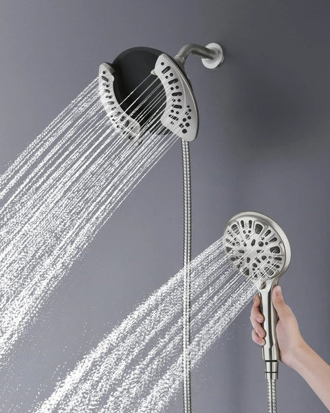 No Fuss Dual Purpose Rainfall Shower Head And Handheld Combo Providing Hella Crisp Water Flow Durable Nickel Finish Nine Custom Spray Modes Flexible Premium Stainless Steel Hose Quick Easy Setup For Any Modern Bathroom Space