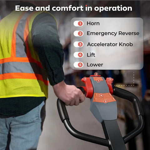 Close-up of the ergonomic handle on a Heavy Duty Electric Pallet Jack Truck With 4400 Lb Capacity Featuring Extra 48V Lithium Battery.