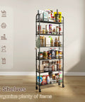 Front view of Slim Rolling Storage Cart On Wheels Metal 6 Tier Mobile Shelving Unit for tight spaces, filled with pantry items.
