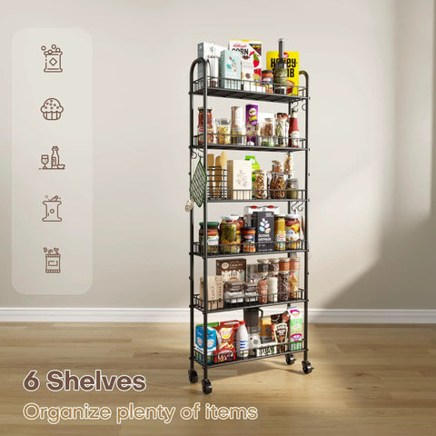 Front view of Slim Rolling Storage Cart On Wheels Metal 6 Tier Mobile Shelving Unit for tight spaces, filled with pantry items.