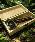 Custom Damascus Steel Folding Knife With Wooden Handle And Separate Compass In Wooden Gift Box outdoor set
