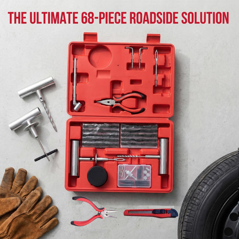 Open 68 Piece Heavy Duty Tire Repair Kit For Cars Motorcycles Trucks ATVs SUVs RVs Trailers With Patches And Plug Tool Set