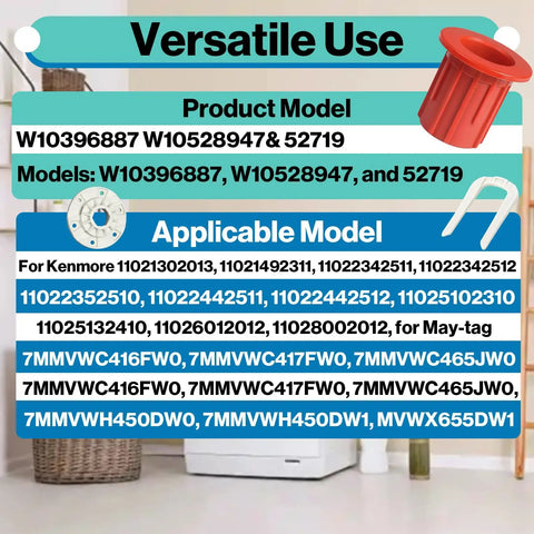 Infographic showing product models for Washer Basket Drive Hub Kit And 52719 Bushing Set for top-load washers replacement.