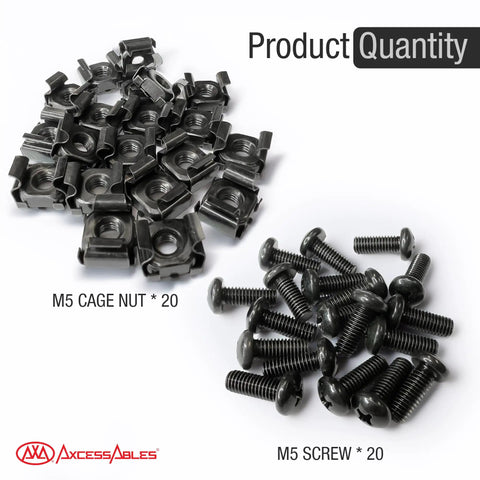 Bulletproof M5 Cage Nuts And Screws Pack With Washers For Quick Square Hole Rack Mount Hardware Upgrade On Server Cabinets Router Stands And Av Studio Racks showing 20 cage nuts and 20 screws.